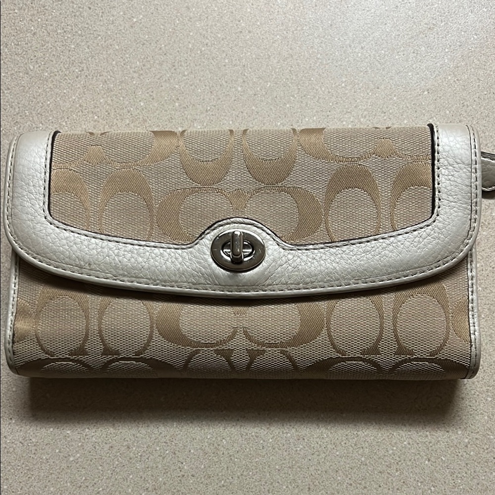 Coach Tan and Cream Compact Wallet with Signature Design